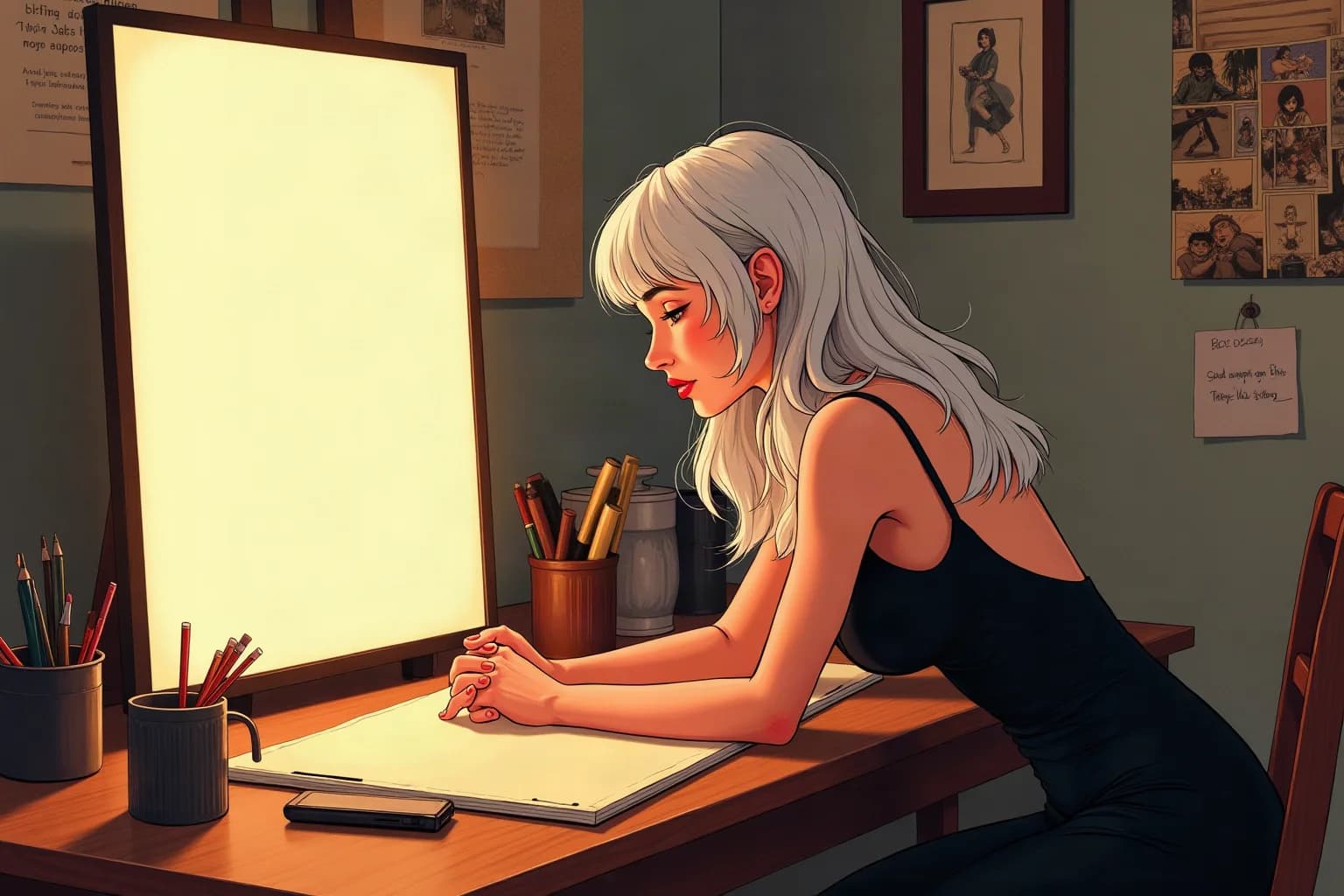 Illustration of a silver-haired woman in a black slip dress leaning over a desk toward a large blank glowing canvas, with pencil cups, a phone and manga pages pinned to the wall