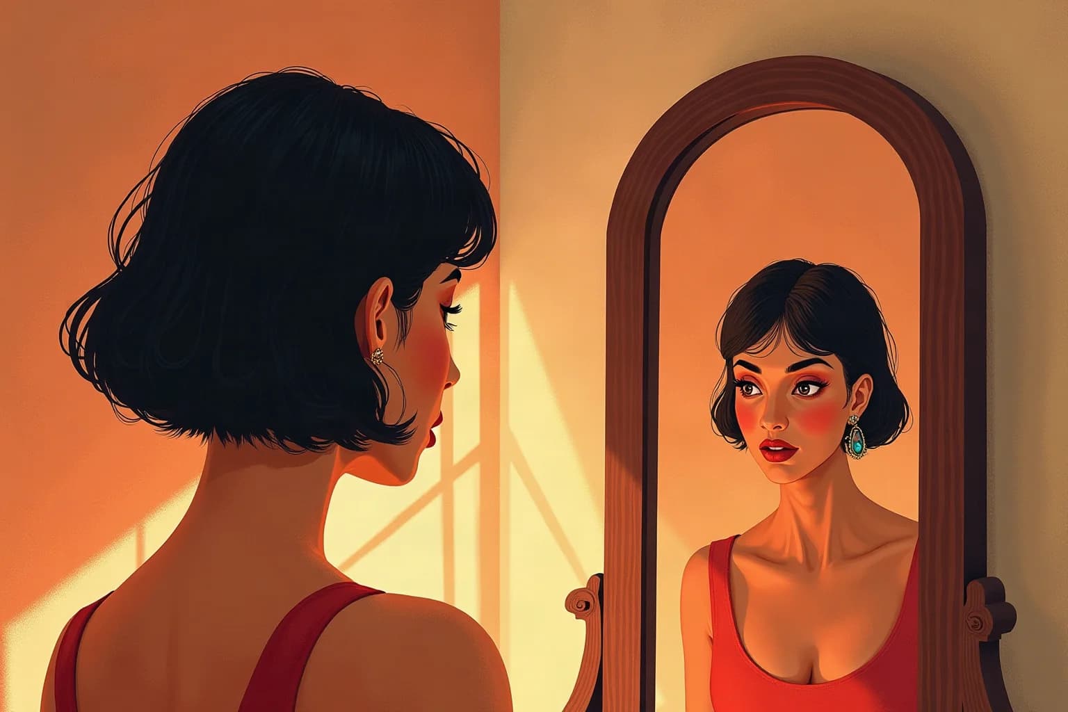 Gouache illustration of a woman with a dark bob and teal earrings looking at her reflection in an arched wooden mirror, warm evening light on an orange wall